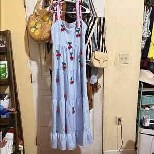 Charming Blue Gingham Kids Dress with Cherry Embroidery